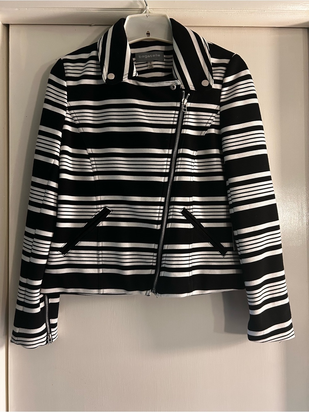 bagatelle Black & White Striped Moto Jacket with Asymmetric Zip